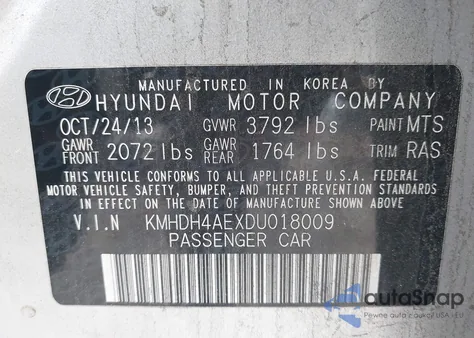 2013 Hyundai Elantra Gls z USA, uszkodzony, nr VIN KMHDH4AEXDU018009